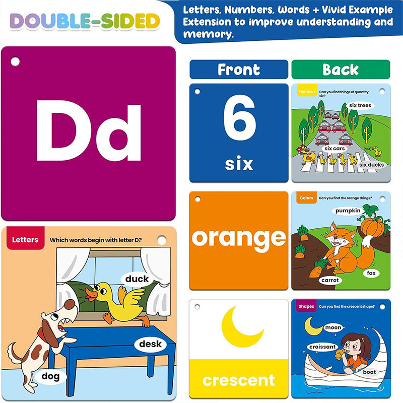 Cartes Flash de mots et de chiffres de l'alphabet avec des exemples visuels pour l'apprentissage des enfants