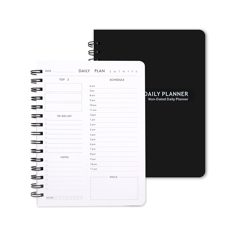 Undated Daily Planner Notebook with Hourly Schedule and Double Spiral Binding