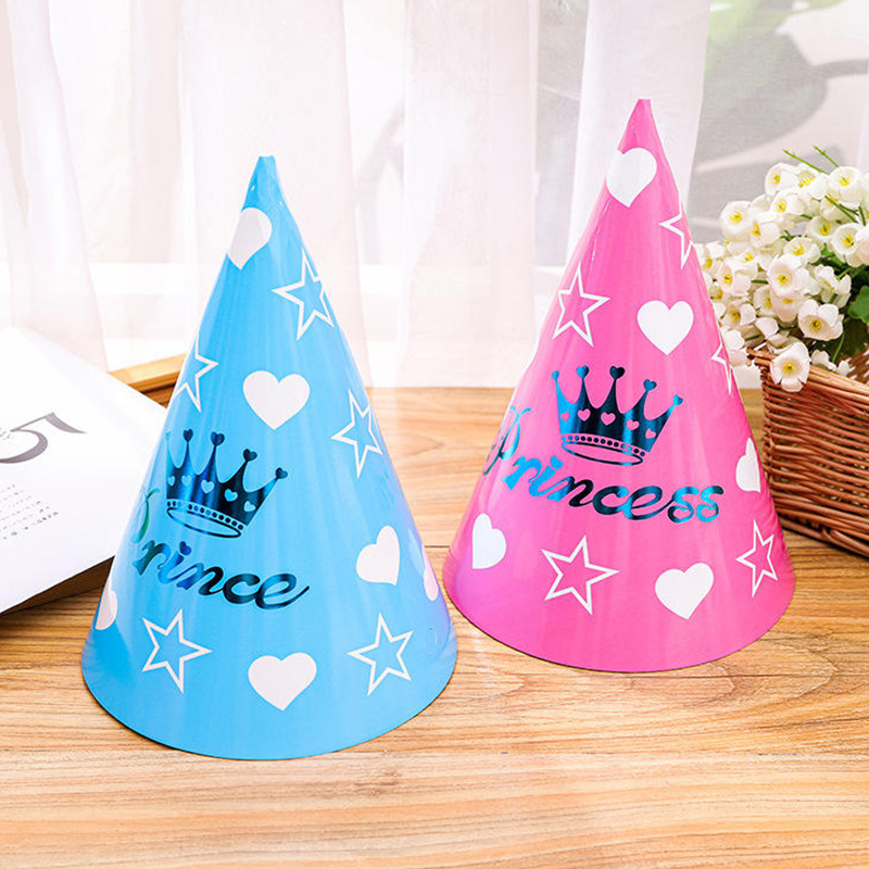 Cartoon Gold Foil Birthday Cone Hats Set with Rainbow and Princess Designs