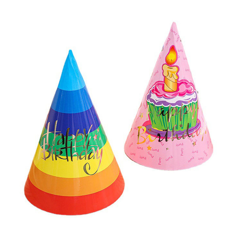 Cartoon Gold Foil Birthday Cone Hats Set with Rainbow and Princess Designs