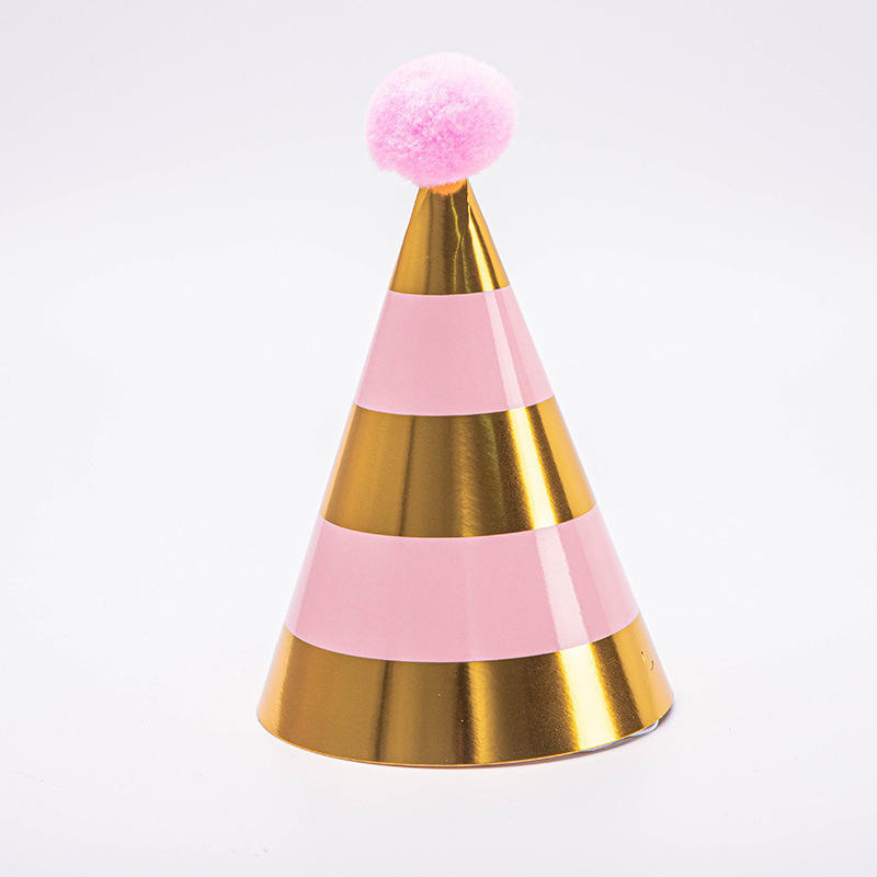 Gold Foil Pom Pom Birthday Cone Hats with Star and Stripe Designs